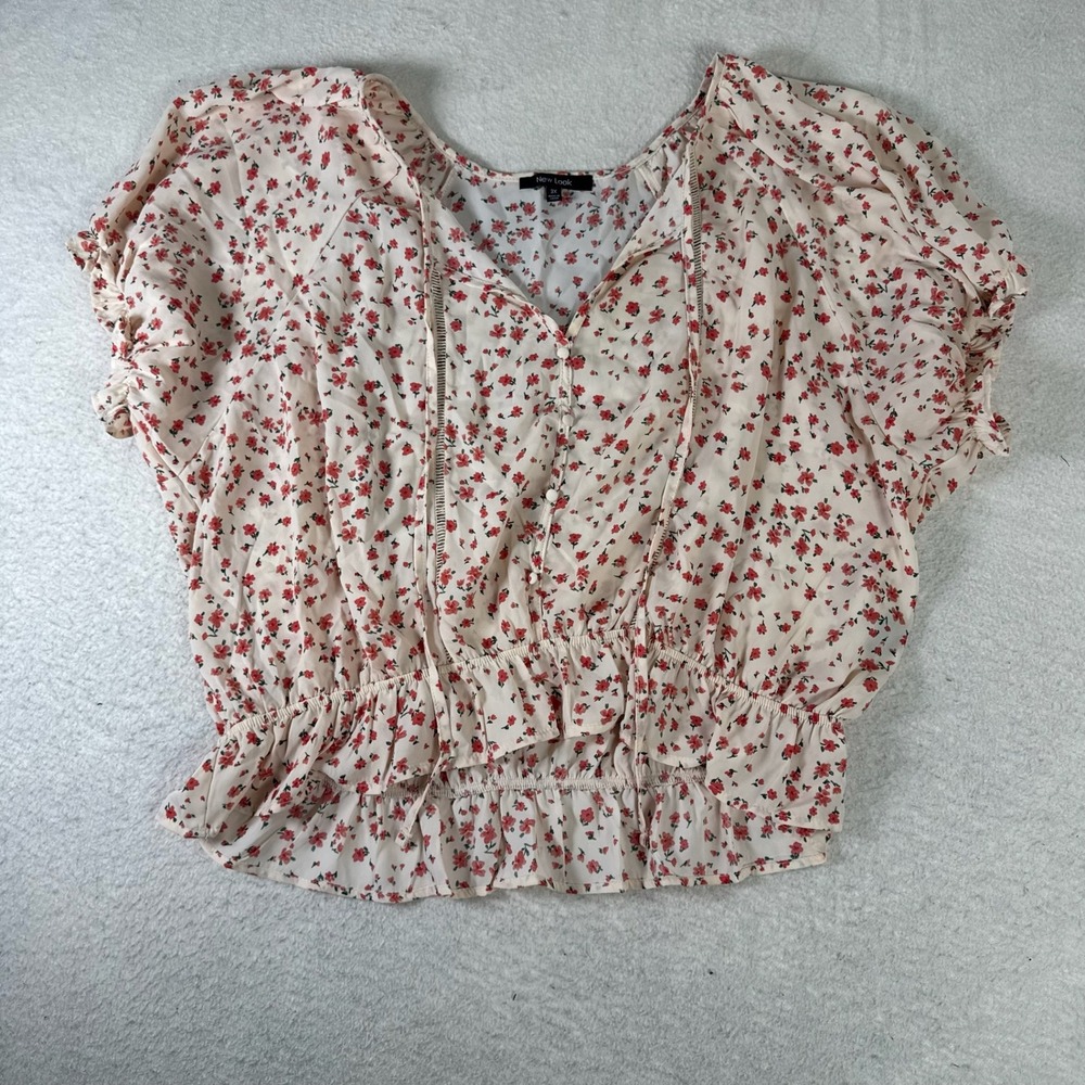 New Look Blouse Womens 3X Cream Red Excellent Floral Smocked Ruffle Boho Top